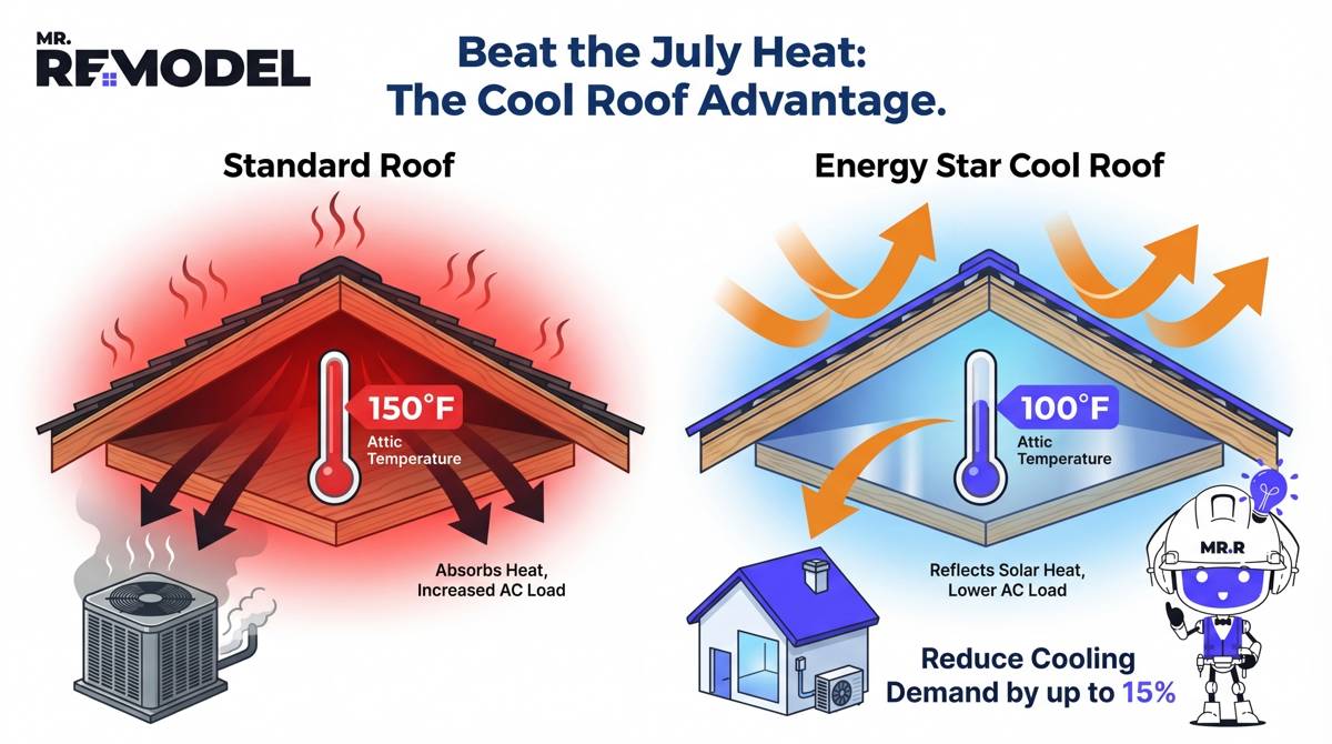 A thermal infographic comparing a standard roof to a cool roof, showing how reflective materials can lower roof temperatures by 50°F in the Charlotte climate.